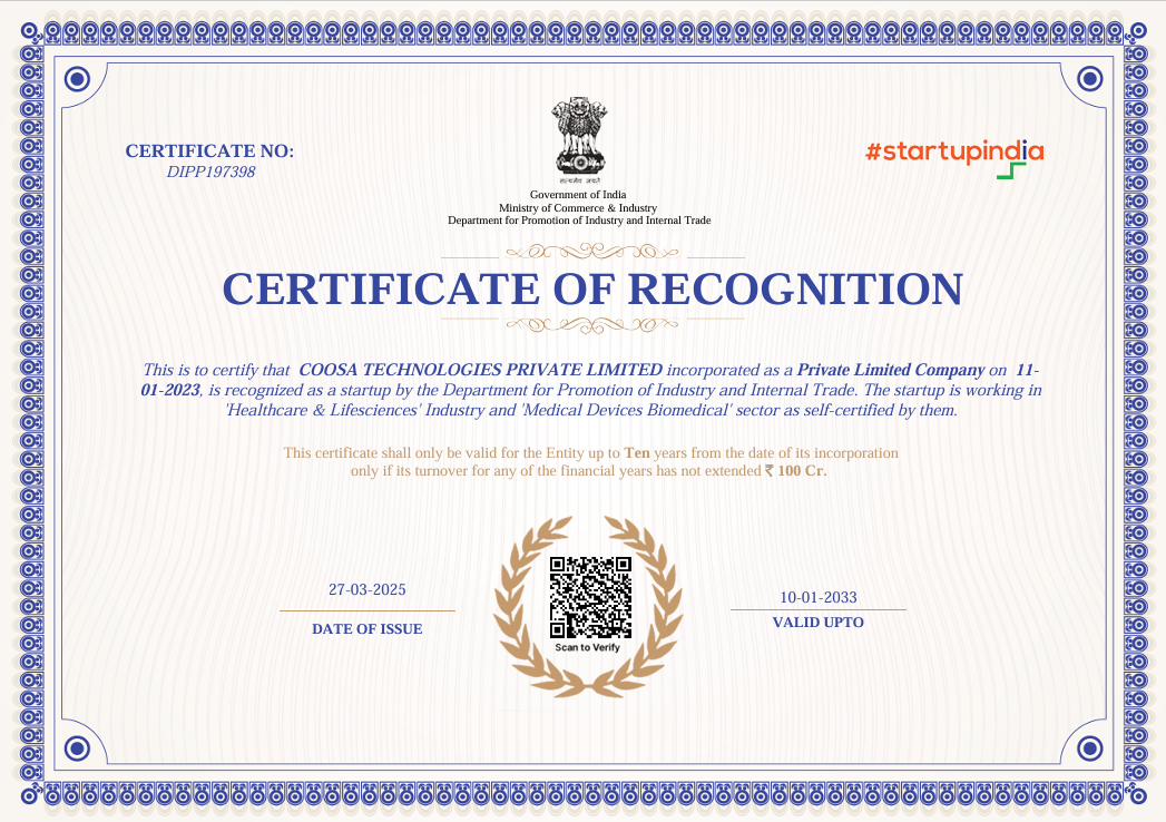 DPIIT Startup India Certificate of Recognition